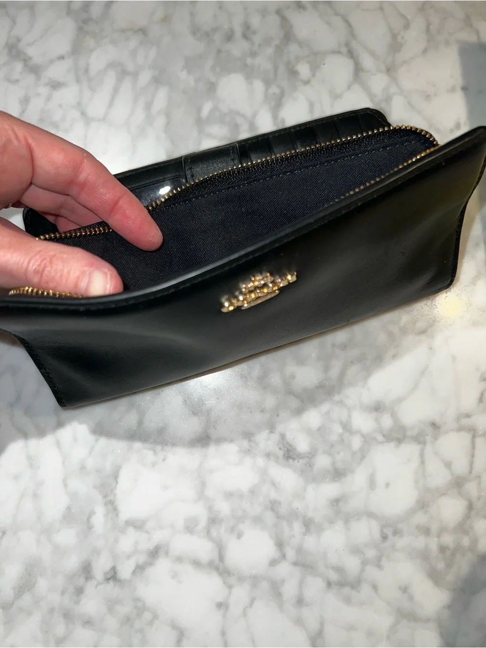 Black Leather Pocketbook/Zippered Wallet with Gold Tone Logo